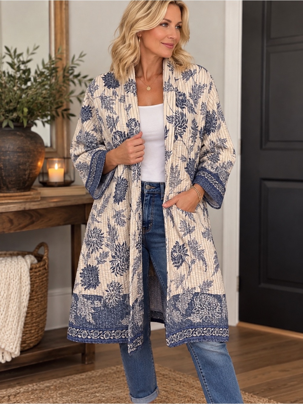 Women's Cream & Navy quilted Floral jacket/Kimono
